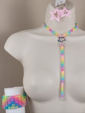 6pc Pastel Rainbow Hearts Choker Binky Cord cuff Earrings & Nail Art color